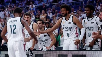 Los jufgadores del Real Madrid en la previa de la segunda jornada de la Euroliga